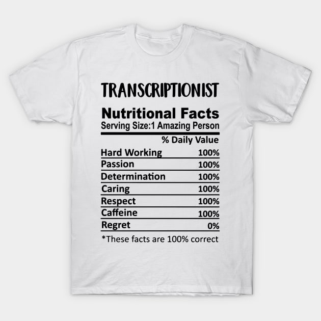 Transcriptionist Nutrition Facts Funny T-Shirt by HeroGifts